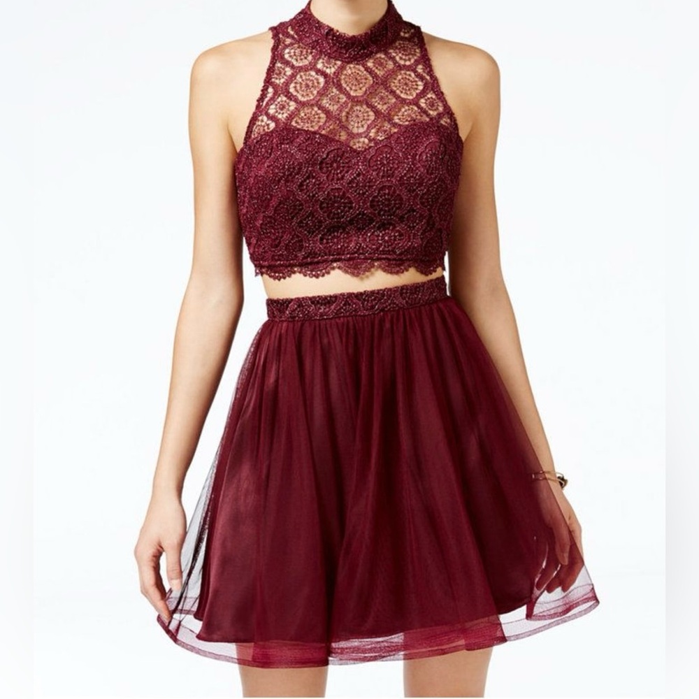 Sequin Hearts Maroon 2Pc Chiffon Skirt A-line Crop Lace Bustier Formal Dress 5